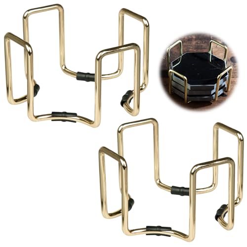 DECO Gold Coaster Holders (2 Pack) - Iron Non-Skid & Non-Scratch Holders Protect Tabletops - Fits 5 Coasters 4" to 4.25" in Size - Octagonal Design Holds Coasters of Any Shape - Aesthetic Coaster Storage - Image 1