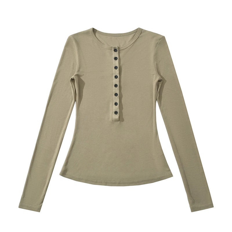 Ins Sweet Spice Girl Henry Collar Row Buckle Long-Sleeved T-Shirt Autumn New Design Sense High Elastic Slim-Fit Slimming Base Shirt - Image 4