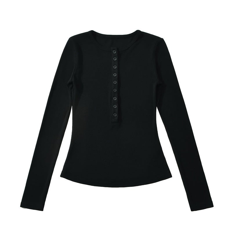 Ins Sweet Spice Girl Henry Collar Row Buckle Long-Sleeved T-Shirt Autumn New Design Sense High Elastic Slim-Fit Slimming Base Shirt - Image 1