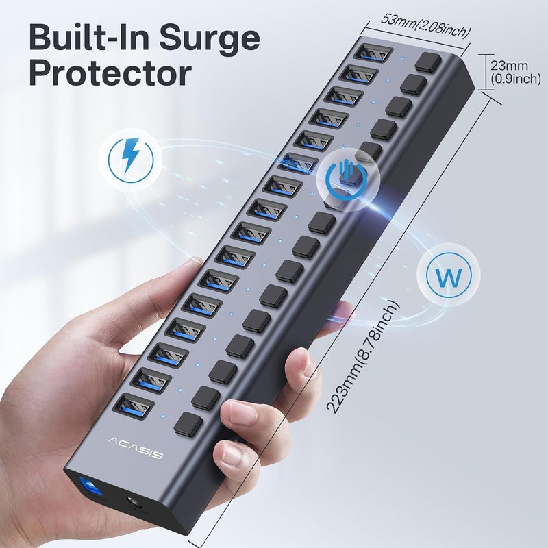 أكاسيس محور USB 3.1 مزود بالطاقة، 16 منفذًا، سرعة 10 جيجابت/ثانية، هيكل من الألومنيوم، مصدر طاقة 96 واط، متوافق مع الكمبيوتر الشخصي، الكمبيوتر المحمول، محرك الأقراص المحمول، الطابعة والكاميرا - Image 4