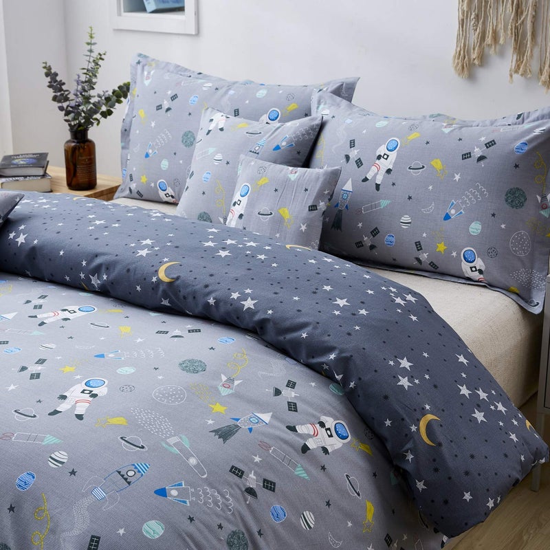 Brandream Boys Outer Space Astronaut Bedding Kids Bedding Sets Twin Size Grey 100% Cotton Duvet Cover Sets Reversible Zipper Closure - Image 1