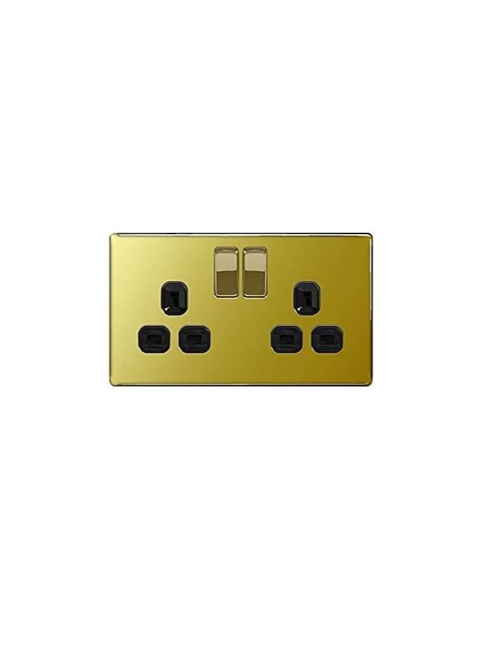 British General Flatplate Screwless Polished Brass 13A 2 Gang Double Pole Switched Socket with Black Insert, FPB22B  - Image 2