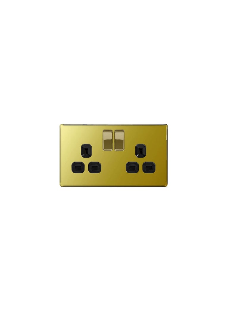 British General Flatplate Screwless Polished Brass 13A 2 Gang Double Pole Switched Socket with Black Insert, FPB22B  - Image 1