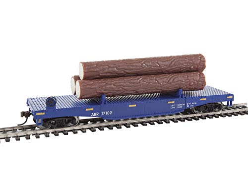 Walthers Trainline Log Dump Car with 3 LogsReady to RunAlaska Railroad 17102 Blue Yellow Conspicuity Marks 9311770 HO Scale Model Railroad Freight Model - Image 1