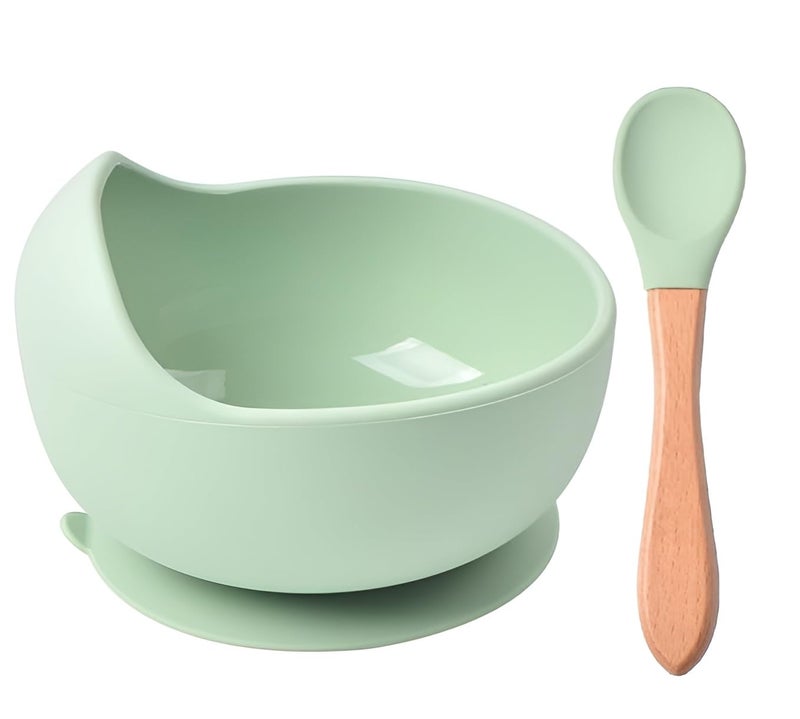 NOWFLY 2 Piece Microwave Friendly Silicone Baby Feeding Set - Bowl - Spoon - Make Mealtime Fun and Easy for Your Little One - Portable and Diaper Bag Friendly - Baby Feeding Product (Green) - Image 1