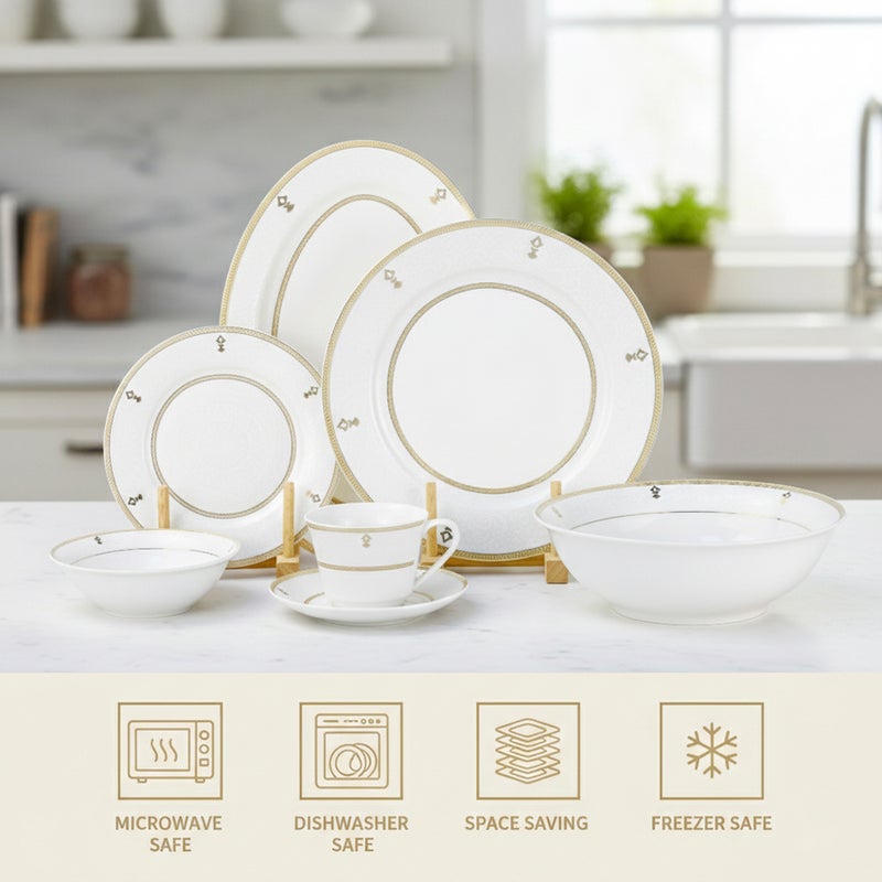 Shallow ZAYA 32 Pc New Bone China Dinner Set for 6 Persons – White Embossed Ornamental Design with Gold Rim, Elegant Tableware for Daily Use, Ramadan, Eid, Brunch, Coffee & Gifting - Image 4