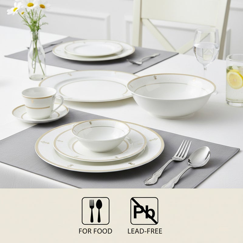 Shallow ZAYA 32 Pc New Bone China Dinner Set for 6 Persons – White Embossed Ornamental Design with Gold Rim, Elegant Tableware for Daily Use, Ramadan, Eid, Brunch, Coffee & Gifting - Image 3