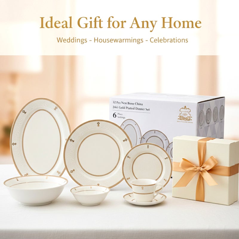 Shallow ZAYA 32 Pc New Bone China Dinner Set for 6 Persons – White Embossed Ornamental Design with Gold Rim, Elegant Tableware for Daily Use, Ramadan, Eid, Brunch, Coffee & Gifting - Image 5