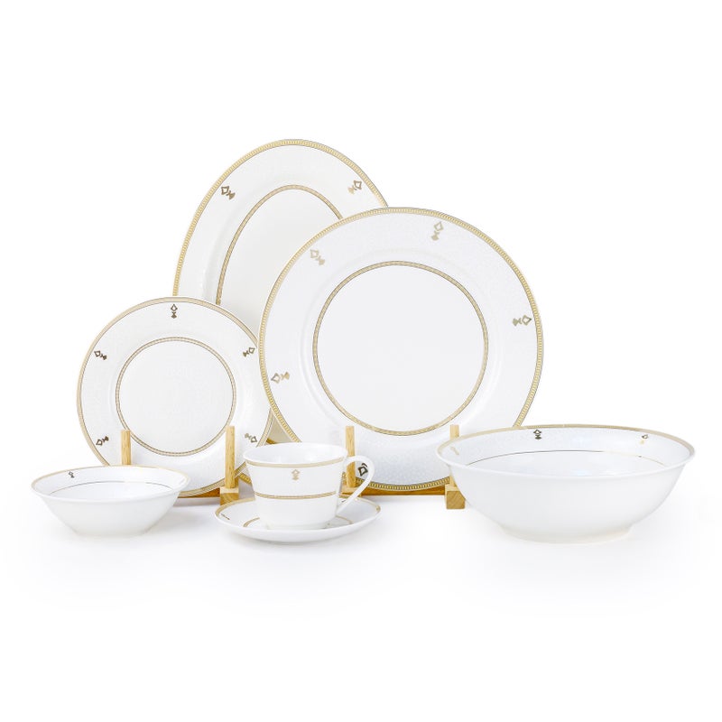 Shallow ZAYA 32 Pc New Bone China Dinner Set for 6 Persons – White Embossed Ornamental Design with Gold Rim, Elegant Tableware for Daily Use, Ramadan, Eid, Brunch, Coffee & Gifting - Image 1
