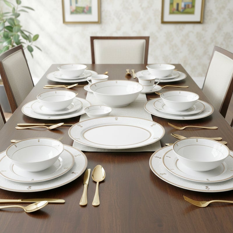 Shallow ZAYA 32 Pc New Bone China Dinner Set for 6 Persons – White Embossed Ornamental Design with Gold Rim, Elegant Tableware for Daily Use, Ramadan, Eid, Brunch, Coffee & Gifting - Image 2