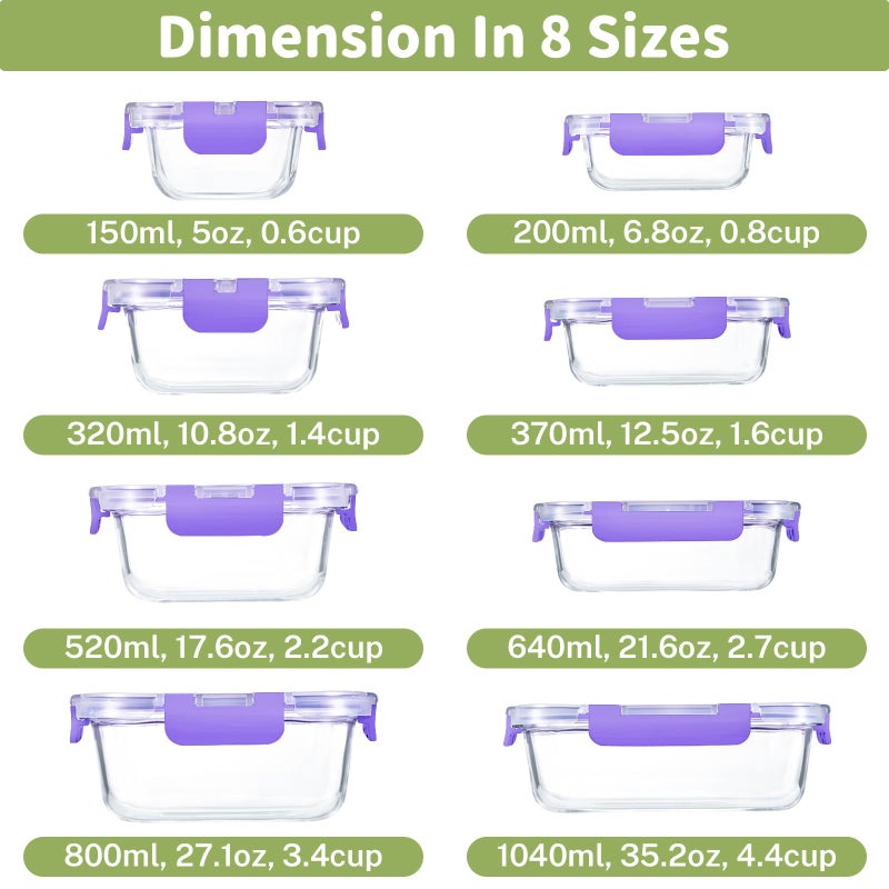 HOMBERKING 8 Pack Glass Food Storage Containers with Lids, Meal Prep Containers, Airtight Bento Boxes with Leak Proof Locking for Microwave, Oven, Freezer and Dishwasher, BPA Free, 5-35oz, purple - Image 2