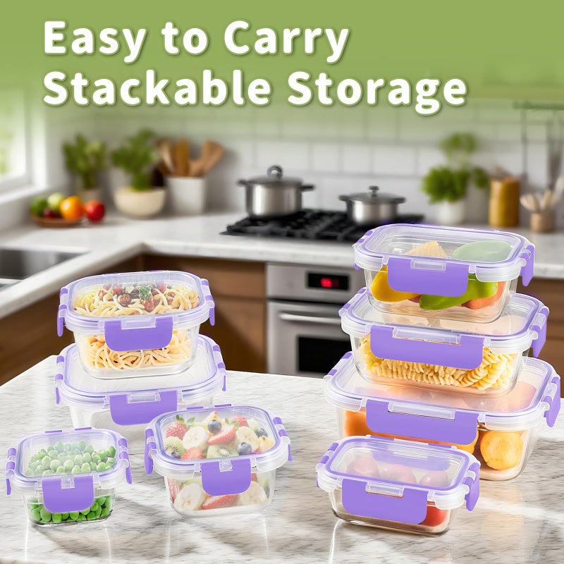 HOMBERKING 8 Pack Glass Food Storage Containers with Lids, Meal Prep Containers, Airtight Bento Boxes with Leak Proof Locking for Microwave, Oven, Freezer and Dishwasher, BPA Free, 5-35oz, purple - Image 3