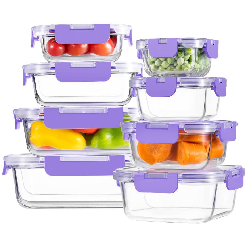 HOMBERKING 8 Pack Glass Food Storage Containers with Lids, Meal Prep Containers, Airtight Bento Boxes with Leak Proof Locking for Microwave, Oven, Freezer and Dishwasher, BPA Free, 5-35oz, purple - Image 1
