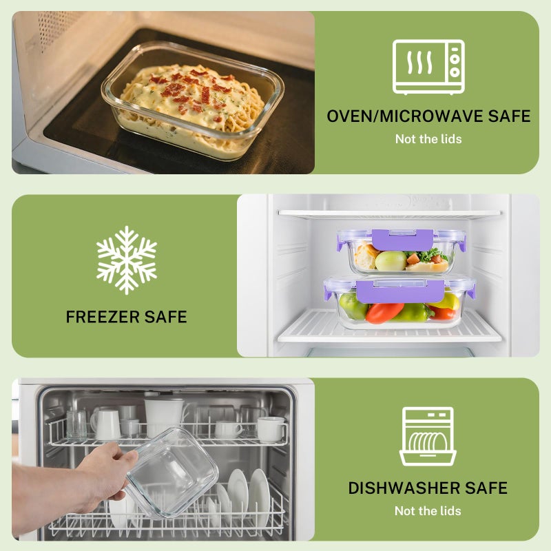 HOMBERKING 8 Pack Glass Food Storage Containers with Lids, Meal Prep Containers, Airtight Bento Boxes with Leak Proof Locking for Microwave, Oven, Freezer and Dishwasher, BPA Free, 5-35oz, purple - Image 4