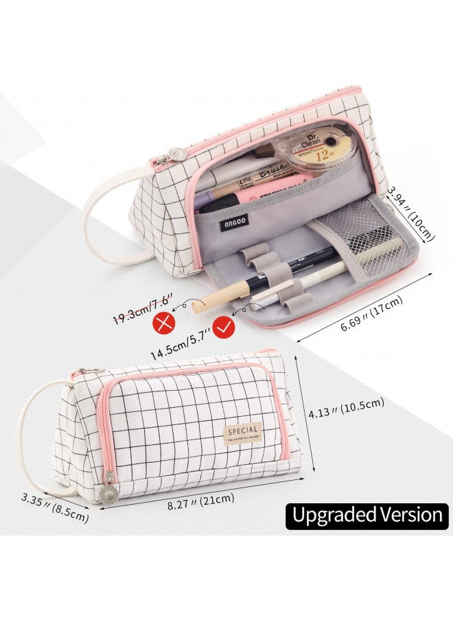 EASTHILL Large Capacity Colored Canvas Storage Pouch Marker Pen Pencil Case Simple Stationery Bag Holder For Middle High School Office College Student Girl Women Adult Teen Gift White Plaid - Image 1