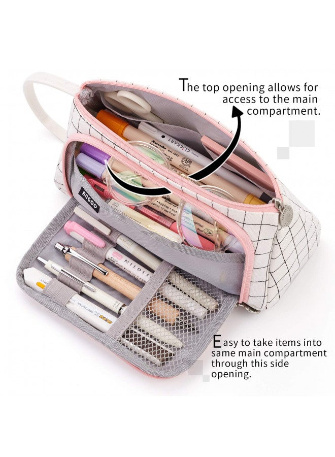 EASTHILL Large Capacity Colored Canvas Storage Pouch Marker Pen Pencil Case Simple Stationery Bag Holder For Middle High School Office College Student Girl Women Adult Teen Gift White Plaid - Image 2