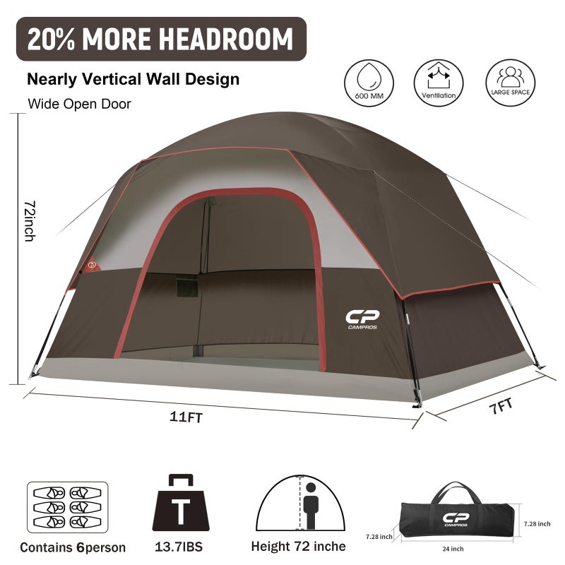 CAMPROS CP Tents for Camping 6 Person Tent Waterproof Windproof Double Layer Family Camping Tent, Easy Setup Dome Tent with Large Mesh Windows & Wider Door for Outdoor Camping & Hiking - Image 2