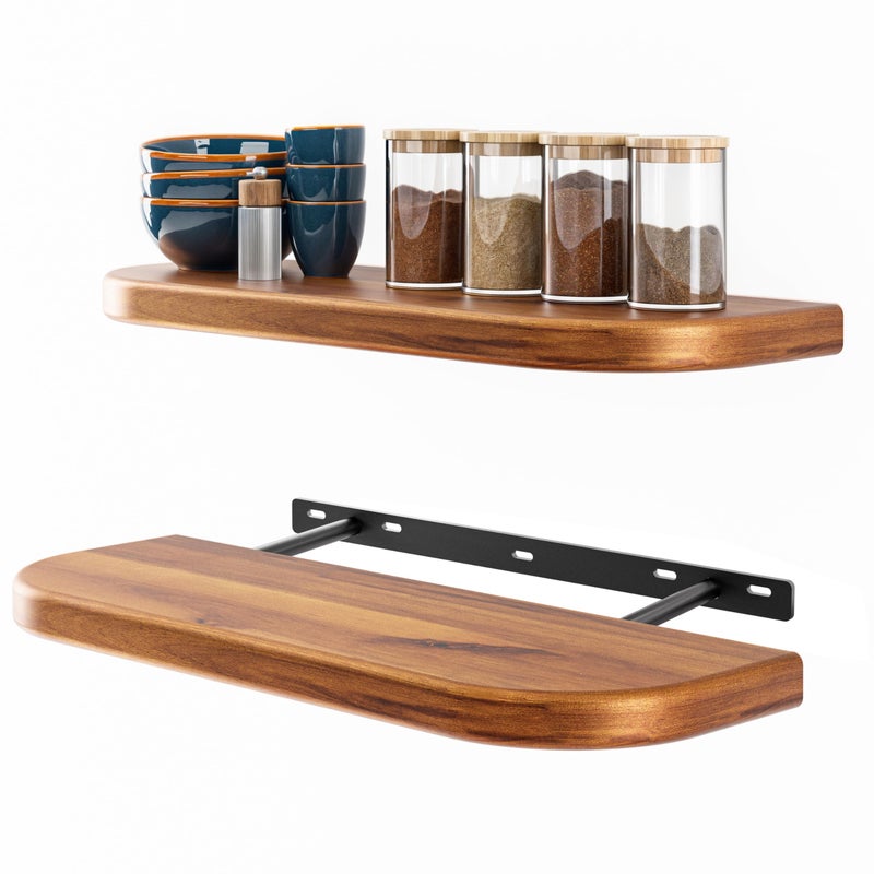 BATODA 17" Acacia Wood Floating Shelves Wall Mounted (Round Edge) â€“ Rustic Farmhouse Wooden Wall Storage Shelf for Bedroom, Kitchen - Brackets and Shelving Hardware Included (Acacia Color) - Image 1