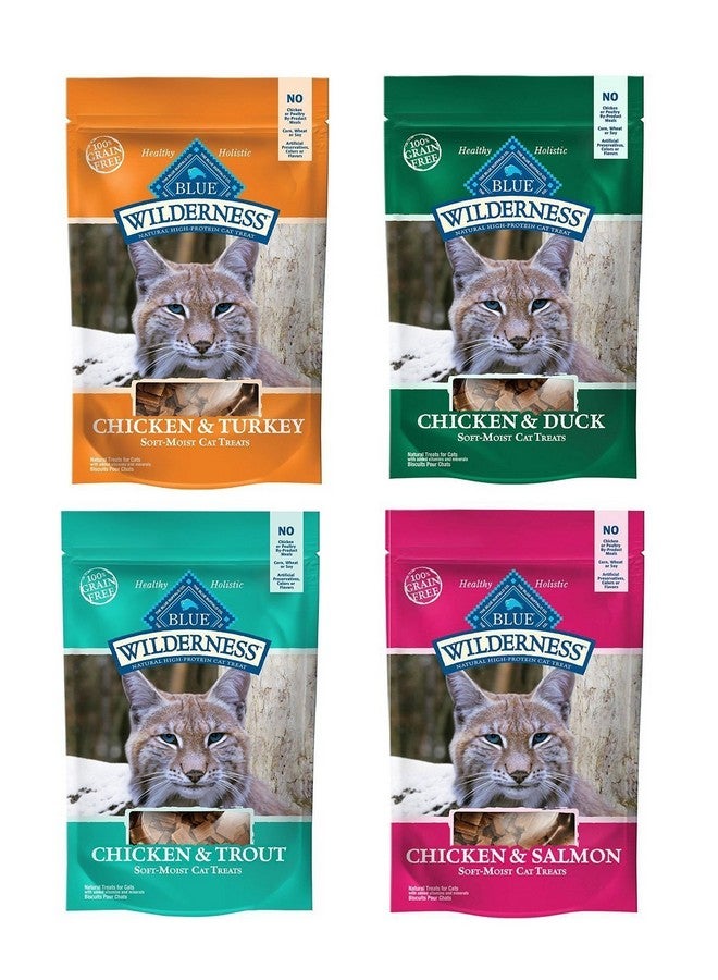 بلو مجموعة متنوعة من مكافآت القطط الناعمة والرطبة والخالية من الحبوب من بلو بافالو وايلدرنس - 4 نكهات (دجاج وبط، دجاج وسمك السلمون المرقط، دجاج وسمك السلمون، ودجاج وديك رومي) - 2 أونصة لكل منها (4 أكياس إجمالاً) - Image 1