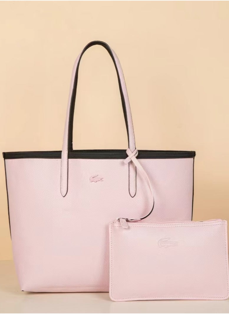 لاكوست Lacoste السيدات على الوجهين مزدوجة اللون حقيبة يد كبيرة الحجم ، والأزياء بايتا ، أسود / وردي  - Image 2
