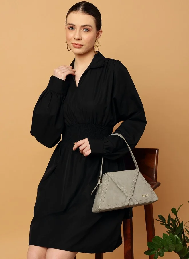MINT STREET Black Cotton Fit & Flare Dress for Women