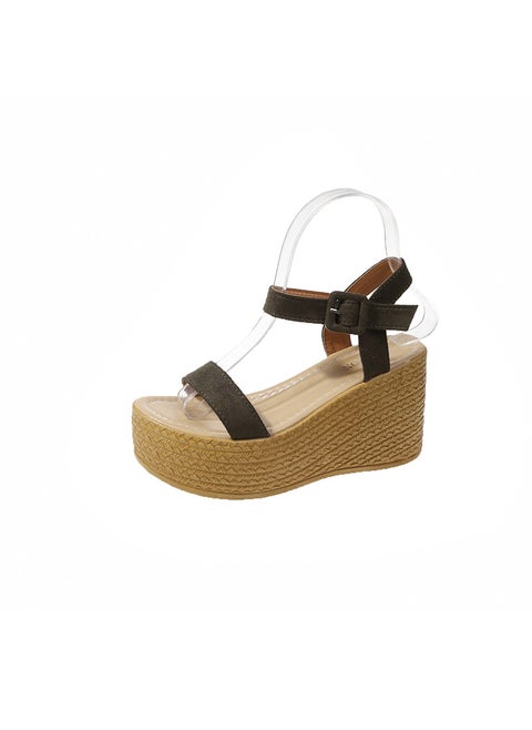 Sandals Womens 2023 Summer New European and American Foreign Trade One-word Buckle Strap Thick Bottom High Heel Wedge Beach Sandals Women Army Green