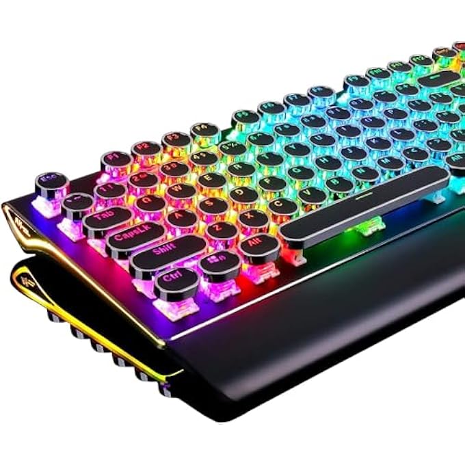 RK S108 TYPEWRITER STYLE RETRO MECHANICAL GAMING KEYBOARD WIRED WITH TRUE RGB BACKLIT COLLAPSIBLE WRIST REST 108-KEY ROUND KEYCAP BLUE SWITCH, BLACK - Image 1