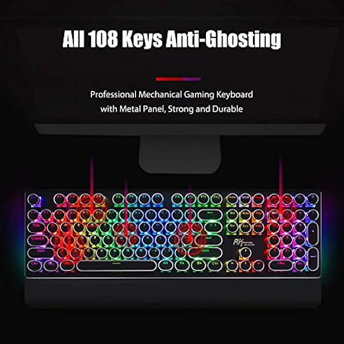 RK S108 TYPEWRITER STYLE RETRO MECHANICAL GAMING KEYBOARD WIRED WITH TRUE RGB BACKLIT COLLAPSIBLE WRIST REST 108-KEY ROUND KEYCAP BLUE SWITCH, BLACK - Image 3