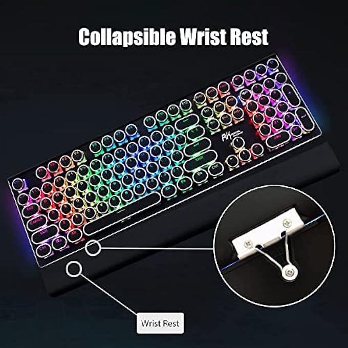 RK S108 TYPEWRITER STYLE RETRO MECHANICAL GAMING KEYBOARD WIRED WITH TRUE RGB BACKLIT COLLAPSIBLE WRIST REST 108-KEY ROUND KEYCAP BLUE SWITCH, BLACK - Image 2