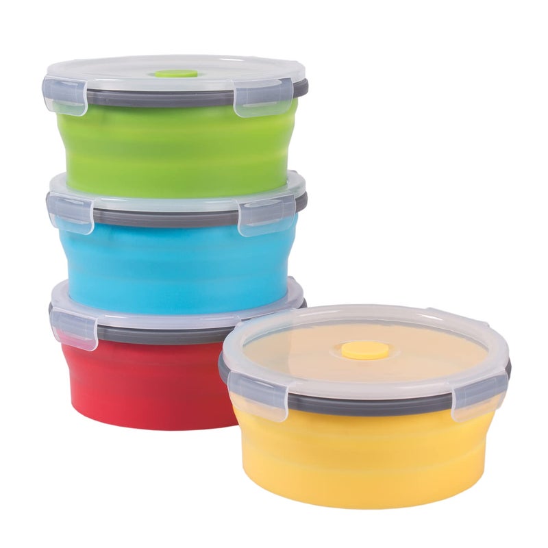 Collapsible Food Storage Containers with Airtight Lid 27 oz Kitchen Stacking Silicone Collapsible Meal Prep Container Set for Leftover Microwave Freezer Dishwasher Safe 4 Colors Round Set of 4