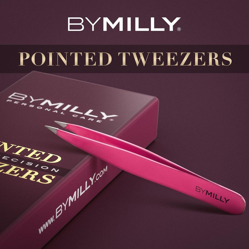 By MILLY Pointed Tweezers - Hammer Forged 100% German Steel, Point-Tip Precision Tweezers for Ingrown Hair, Eyebrows, Facial Hair, Splinters, Glass Removal - Perfectly Aligned, Hand-Filed - Pink Most item matching trendy design - Image 3