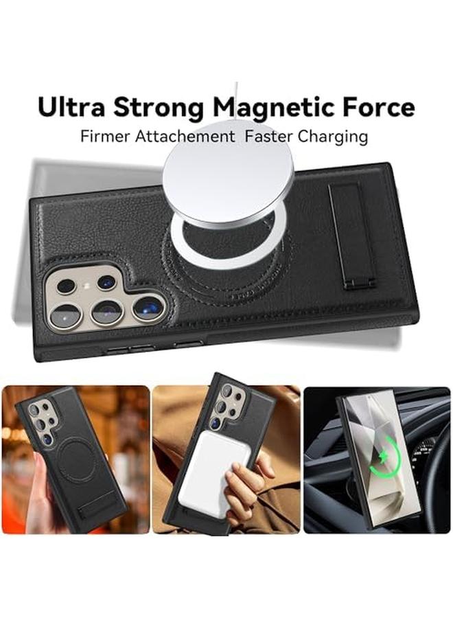 erorex Faux Leather Magnetic For Samsung Galaxy S24 Ultra Case，Compatible With Mag Safe Wireless Charging Adjustable Kickstand Shockproof And Wear Resistant Samsung Galaxy S24 Ultra Cover Black  - Image 2