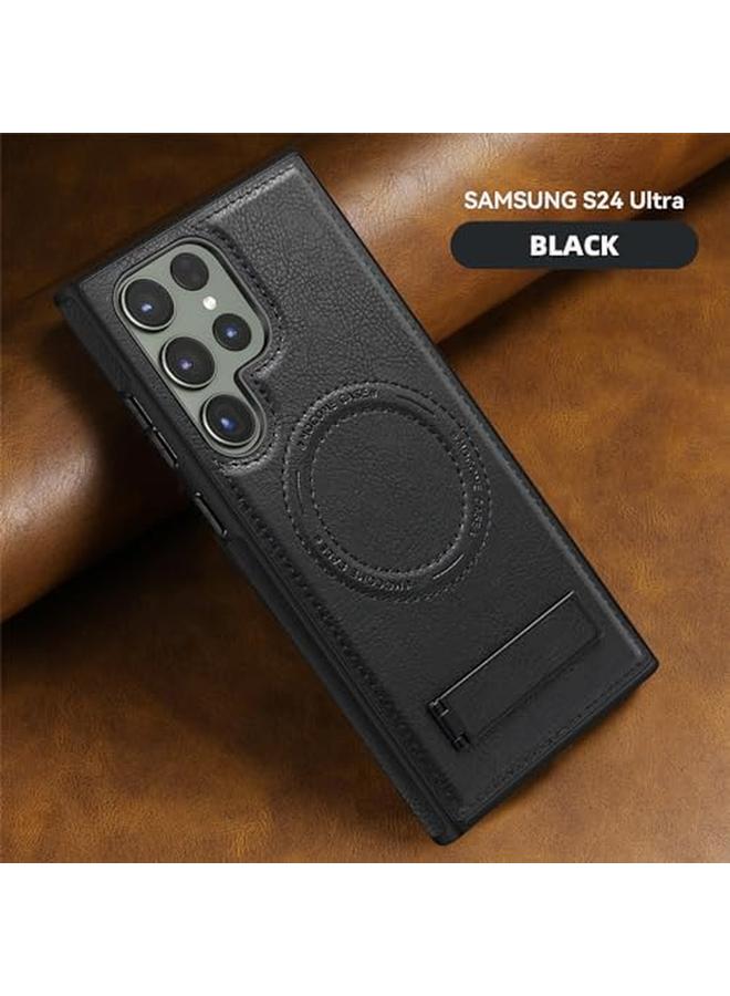 erorex Faux Leather Magnetic For Samsung Galaxy S24 Ultra Case，Compatible With Mag Safe Wireless Charging Adjustable Kickstand Shockproof And Wear Resistant Samsung Galaxy S24 Ultra Cover Black  - Image 3