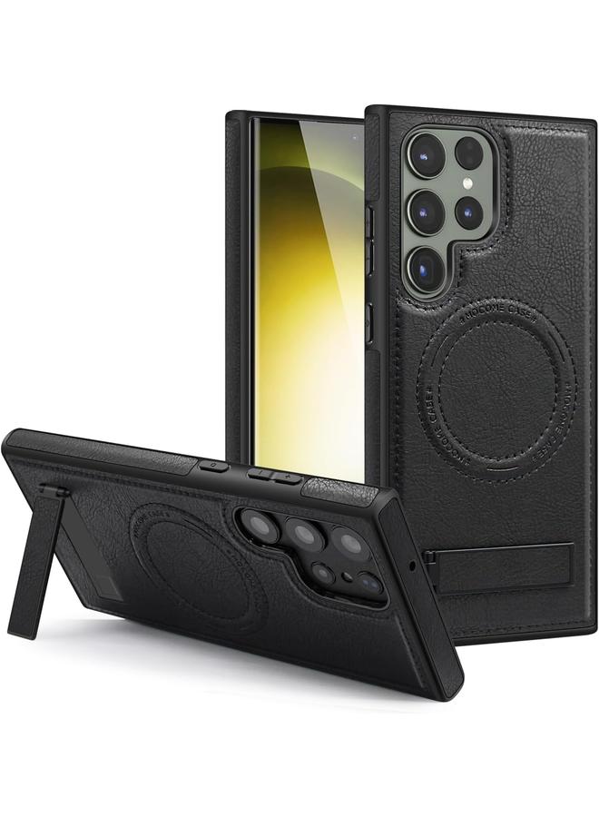 erorex Faux Leather Magnetic For Samsung Galaxy S24 Ultra Case，Compatible With Mag Safe Wireless Charging Adjustable Kickstand Shockproof And Wear Resistant Samsung Galaxy S24 Ultra Cover Black  - Image 1