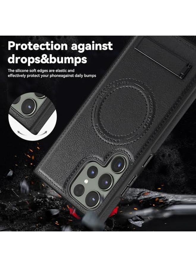 erorex Faux Leather Magnetic For Samsung Galaxy S24 Ultra Case，Compatible With Mag Safe Wireless Charging Adjustable Kickstand Shockproof And Wear Resistant Samsung Galaxy S24 Ultra Cover Black  - Image 5