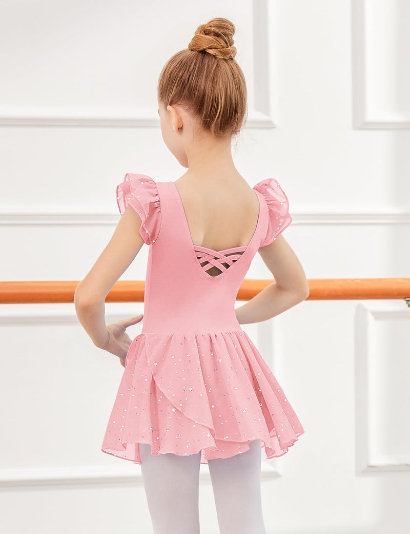 Arshiner Girls Ruffle Sleeve Ballet Dance Dress Crisscross Back Tutu Skirted Leotard - Image 2