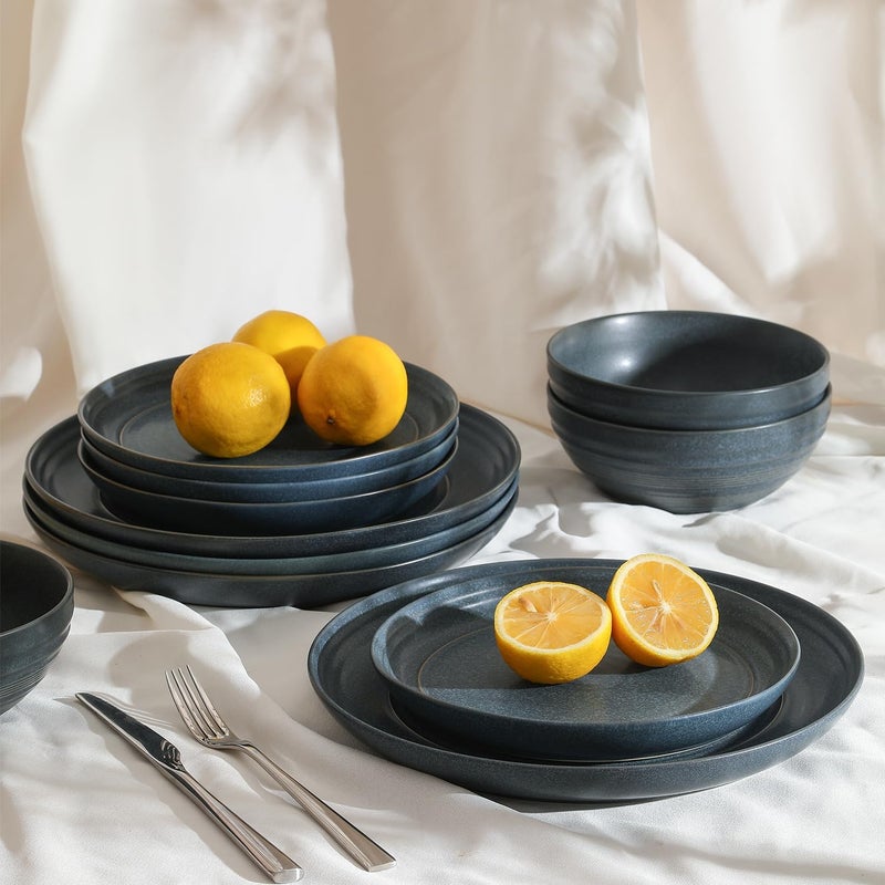 Stone Lain Elio 12Piece Dinnerware Set Stoneware Plates and Bowls Set Dish Set for 4 Blue - Image 3