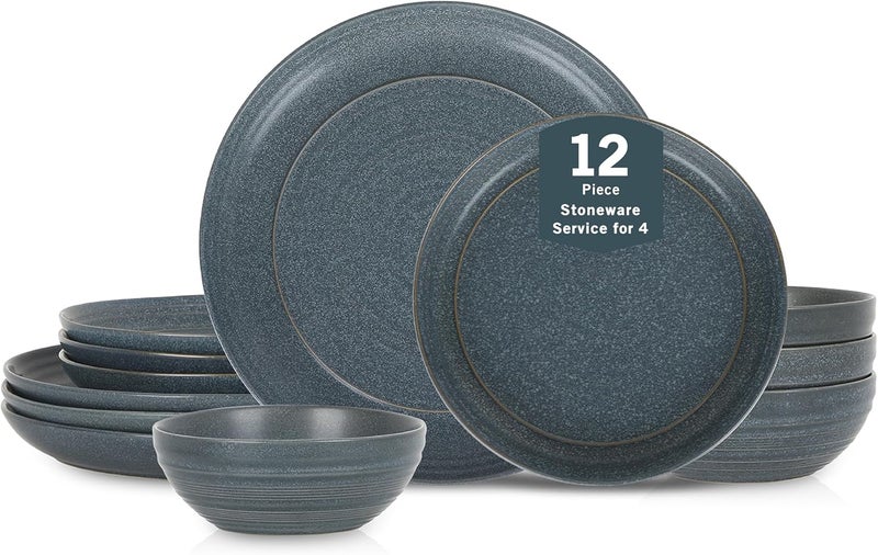 Stone Lain Elio 12Piece Dinnerware Set Stoneware Plates and Bowls Set Dish Set for 4 Blue - Image 1