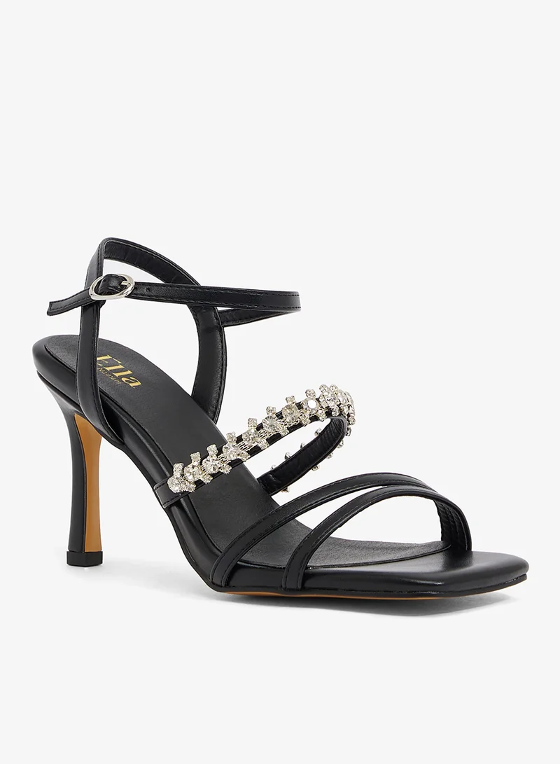 ايلا ليمتد اديشن صندل أسود بحزام كريستالي وإبزيم للكاحل وثلاثة أحزمة رفيعة