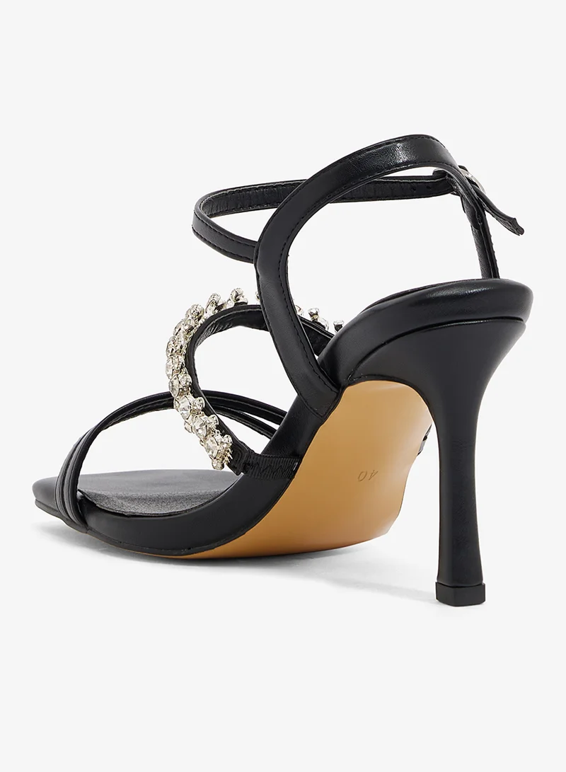 Ella Limited Edition  Black sandal with crystal strap, ankle buckle, and three thin straps for Women | Best Price UAE