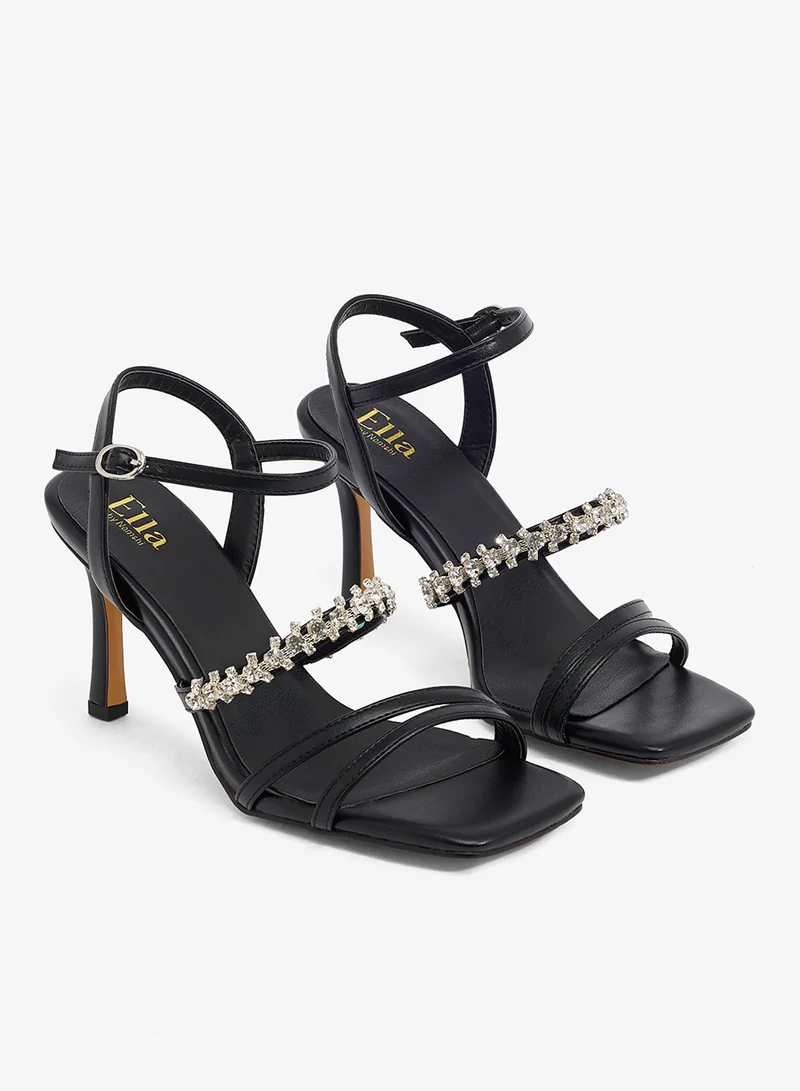Ella Limited Edition  Black sandal with crystal strap, ankle buckle, and three thin straps for Women | Best Price UAE