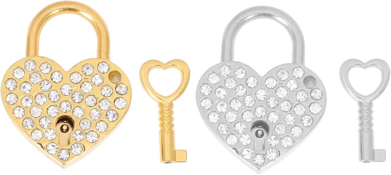 2pcs Rhinestone Heart Shaped Padlocks with Keys, Small Love Locks for Travel Luggage, Couple Wish Locks in Silver and Gold - Image 1