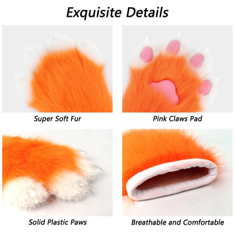 hbbhml Faux Fur Plush Furry Cat Claw Gloves Fursuit Animal Fox Paws Mittens Halloween Cosplay Costume Accessories for Adult - Image 4