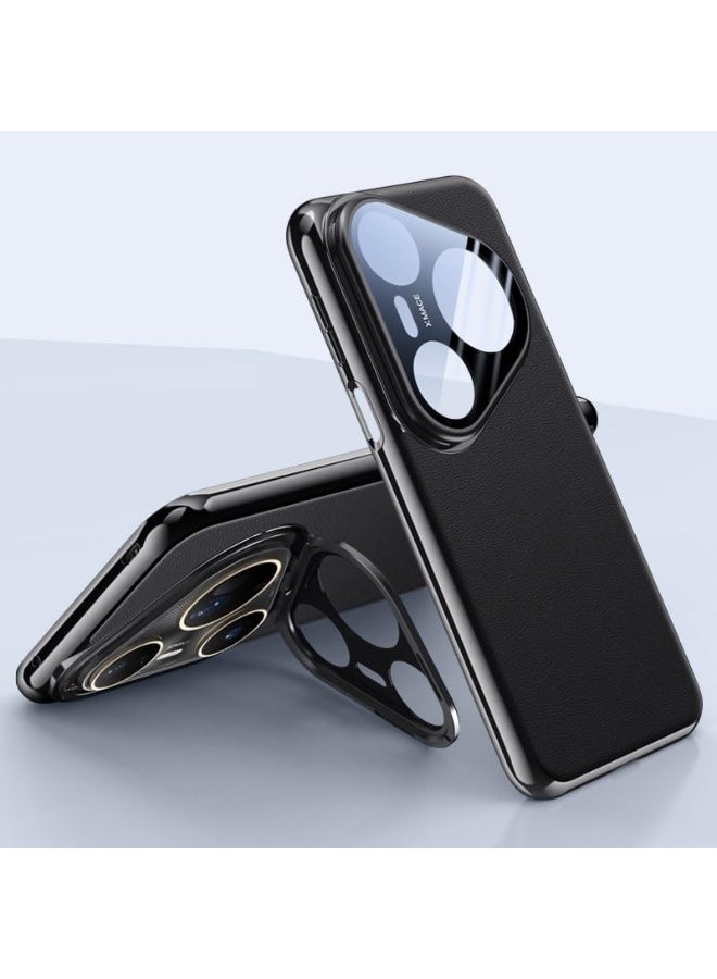 general Case for Huawei Pura 80 Ultra 5G, Luxury PU Leather Case with Metal Camera Lens Protection Folding Stand, Plating Frame Anti-Fingerprint Shockproof Back Cover - Image 1