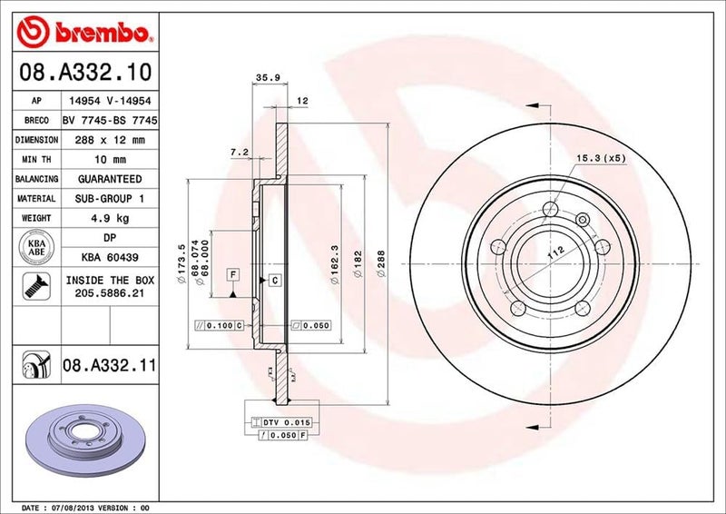 Brembo 08.A332.11 UV Coated Solid Rear Brake Rotor for AUDI/SEAT - Image 2