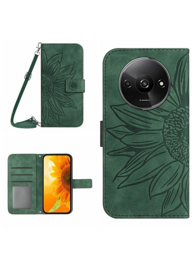 جرين تايجر حافظة هاتف جلدية قابلة للطي منقوشة بزهرة الشمس لهاتف Xiaomi Redmi A3 مع حبل (أخضر)