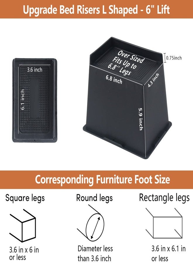 DEDU Oversized Bed Risers 6 Inch Heavy Duty 4 Pack, Rectangle Furniture Risers for Sofas Supports Up to 11000 Lbs, Upgrade Couch Risers L Shape for Bed, Couch, Desk, Chair (Black) - Image 2