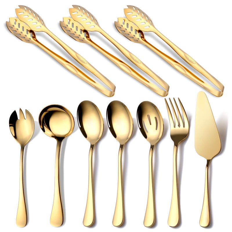 OGORI Gold Serving Utensils OGORI 10Piece Polished Stainless Steel Gold Serving Utensils Set Include Serving Spoons Slotted Serving Spoon Serving Tongs Serving Fork Salad Fork Soup Ladle Pie Server