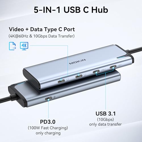 Mokin USB C to USB C Hub Dual Monitor, USBC Splitter with 4K@60Hz DP Alt Mode Video Output, 10Gbps Data Transfer, 100W PD Charging, Dual Monitors Adapter for Laptop, Portable Monitor and More Type C Devices - Image 2