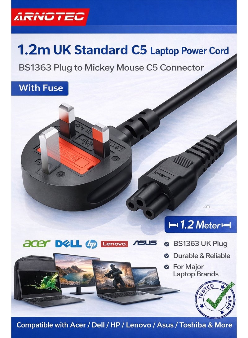 ARNOTEC 1.2m UK Standard C5 Laptop Power Cord – BS1363 Plug to Mickey Mouse C5 Connector, Compatible with Acer/Dell/HP/Lenovo/Asus/Toshiba and More - Image 1
